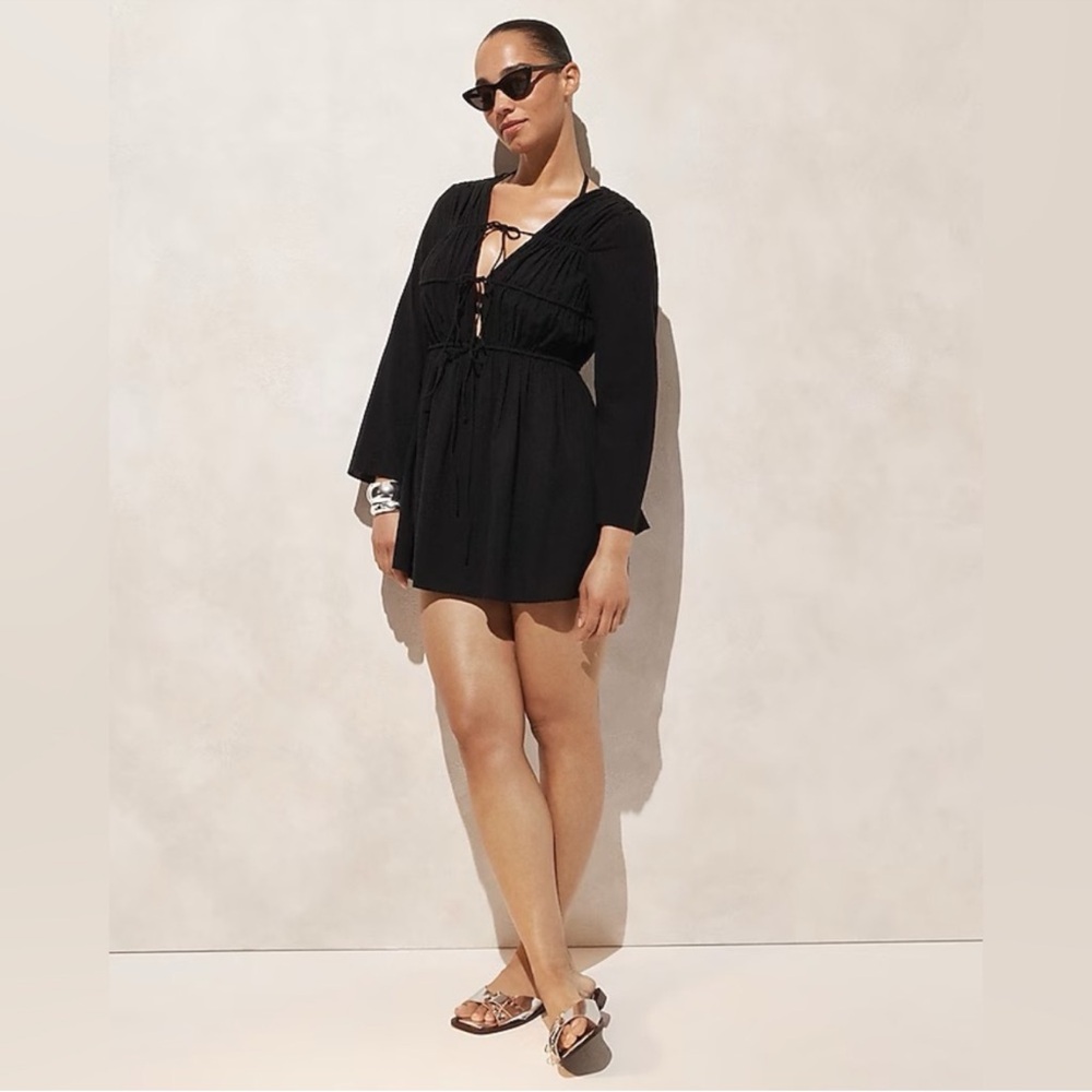 J. Crew Tiered Tie-Front Dress in Beach Cotton - Black